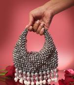 Grey potli bag with crystal work and keshi pearl latkans