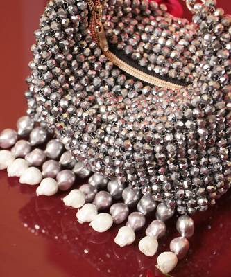 Grey potli bag with crystal work and keshi pearl latkans 2