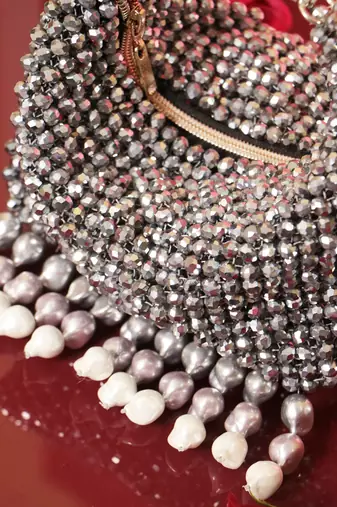 Grey potli bag with crystal work and keshi pearl latkans
