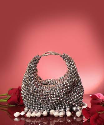 Grey potli bag with crystal work and keshi pearl latkans 3
