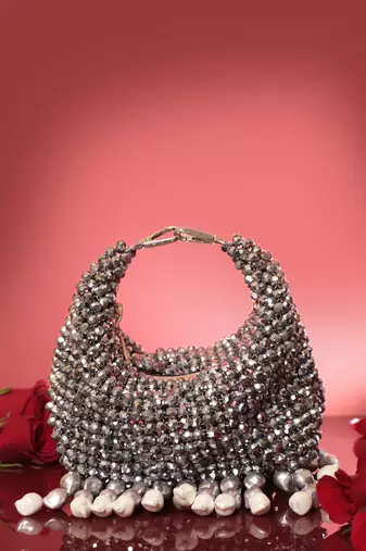 Grey potli bag with crystal work and keshi pearl latkans