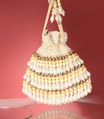 Beige semi suede pearl embroidered potli bag