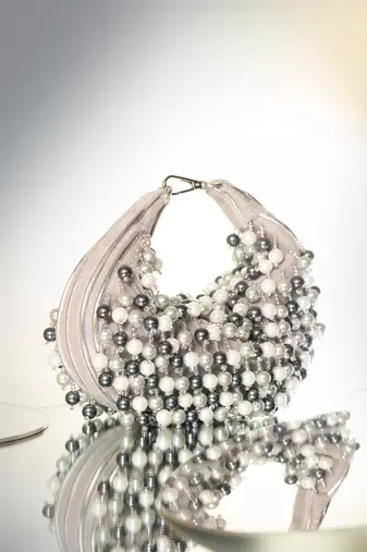 Grey semi velvet embellished potli bag