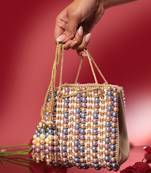 Multicolour suede based handbag adorned with intricate beadwork pearls