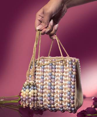 Multicolour suede based handbag adorned with intricate beadwork pearls 3