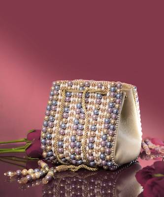 Multicolour suede based handbag adorned with intricate beadwork pearls 4