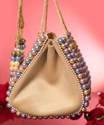 Multicolour suede based handbag adorned with intricate beadwork pearls 5