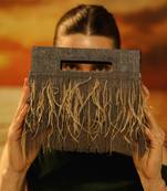 Grey semi suede handbag chain bag with fur