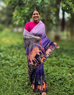 Blue printed mixed tussar saree 1