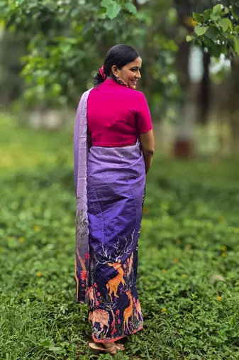 Blue printed mixed tussar saree