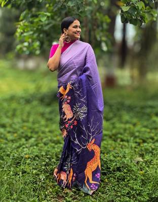 Blue printed mixed tussar saree 3