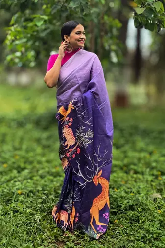 Blue printed mixed tussar saree