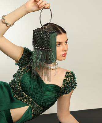 Green semi suede handbag with a gun metal chain 5