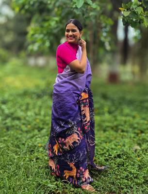 Blue printed mixed tussar saree 4