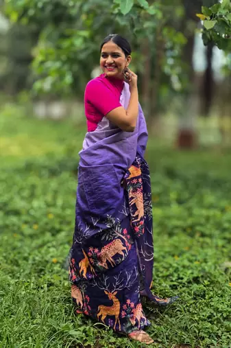 Blue printed mixed tussar saree