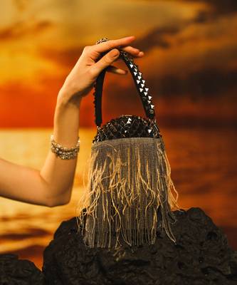Black semi suede bucket handbag 2