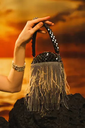 Black semi suede bucket handbag