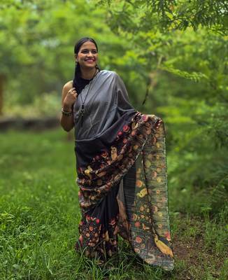 Black printed mixed tussar saree 1