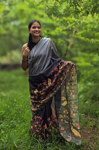Black printed mixed tussar saree