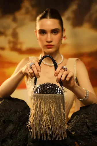 Black semi suede bucket handbag