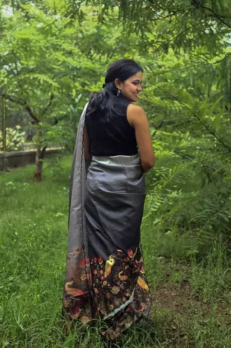 Black printed mixed tussar saree