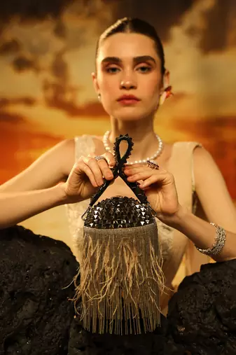 Black semi suede bucket handbag