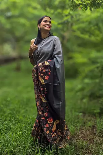 Black printed mixed tussar saree
