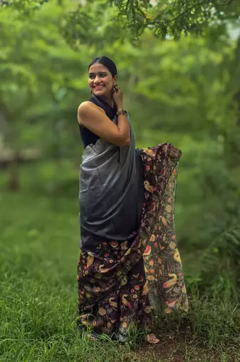 Black printed mixed tussar saree