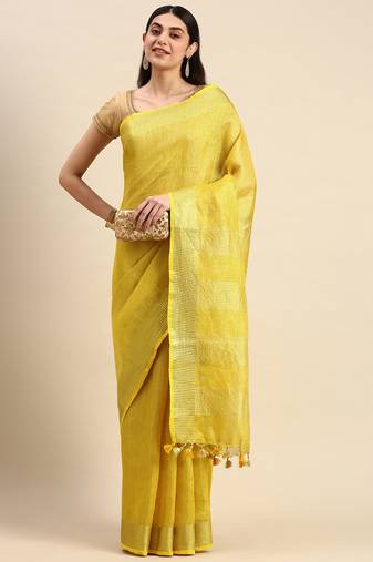 Golden tissue linen saree with unstitched blouse piece
