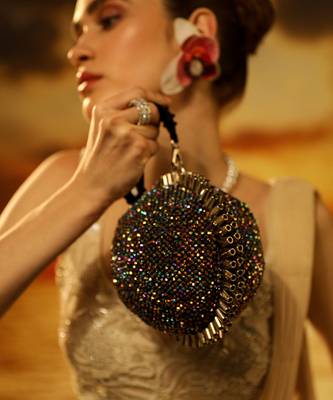 Multicolor semi suede crystal embellished hand bag 1