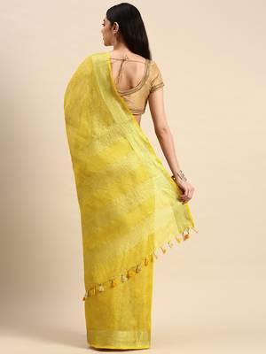 Golden tissue linen saree with unstitched blouse piece 2