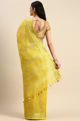 Golden tissue linen saree with unstitched blouse piece