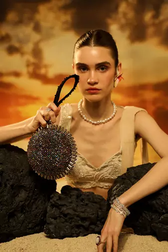 Multicolor semi suede crystal embellished hand bag