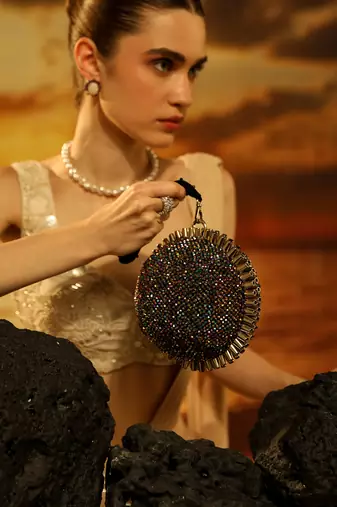 Multicolor semi suede crystal embellished hand bag
