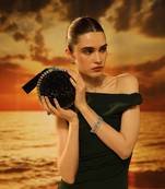 Black semi suede crystal embellished hand bag