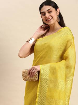 Golden tissue linen saree with unstitched blouse piece 3