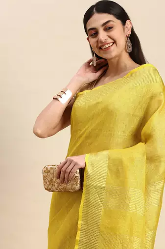 Golden tissue linen saree with unstitched blouse piece