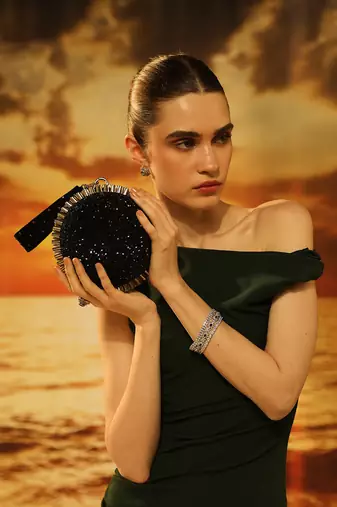 Black semi suede crystal embellished hand bag