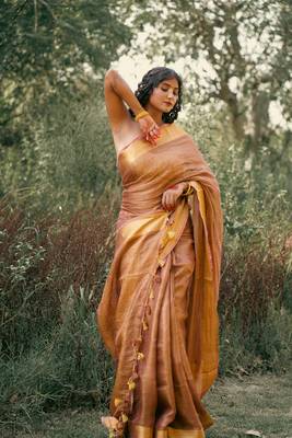 Brown tissue linen saree with unstitched blouse piece 2