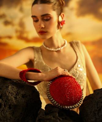 Red semi suede crystal embellished hand bag 1