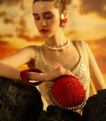 Red semi suede crystal embellished hand bag