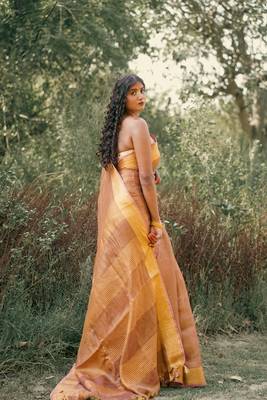 Brown tissue linen saree with unstitched blouse piece 3