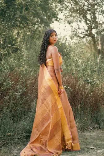 Brown tissue linen saree with unstitched blouse piece