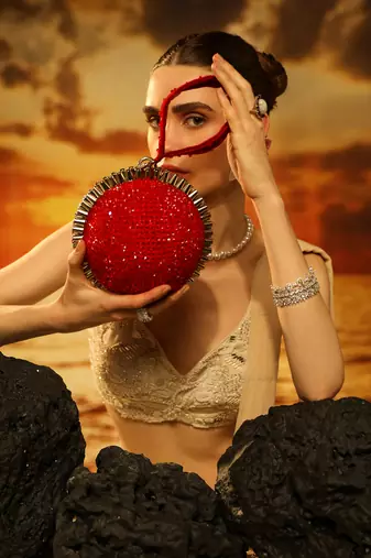 Red semi suede crystal embellished hand bag