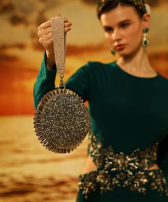 Grey semi suede crystal embellished hand bag 1