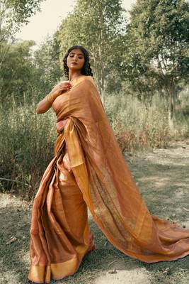 Brown tissue linen saree with unstitched blouse piece 4