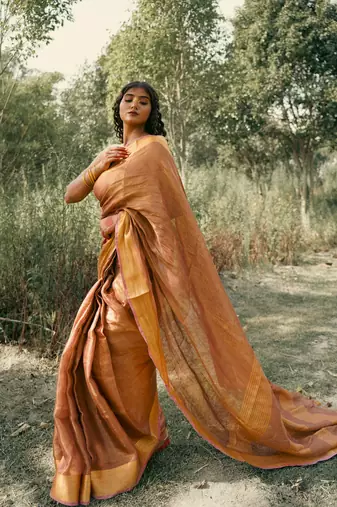 Brown tissue linen saree with unstitched blouse piece