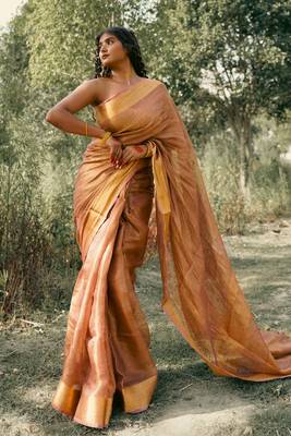 Brown tissue linen saree with unstitched blouse piece 1