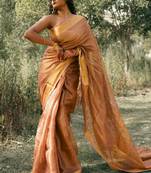Brown tissue linen saree with unstitched blouse piece