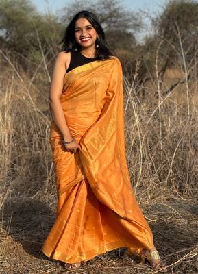 Orange kota silk blend saree with unstitched blouse piece 1